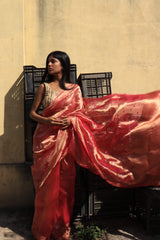 Raspberry tissue organza saree