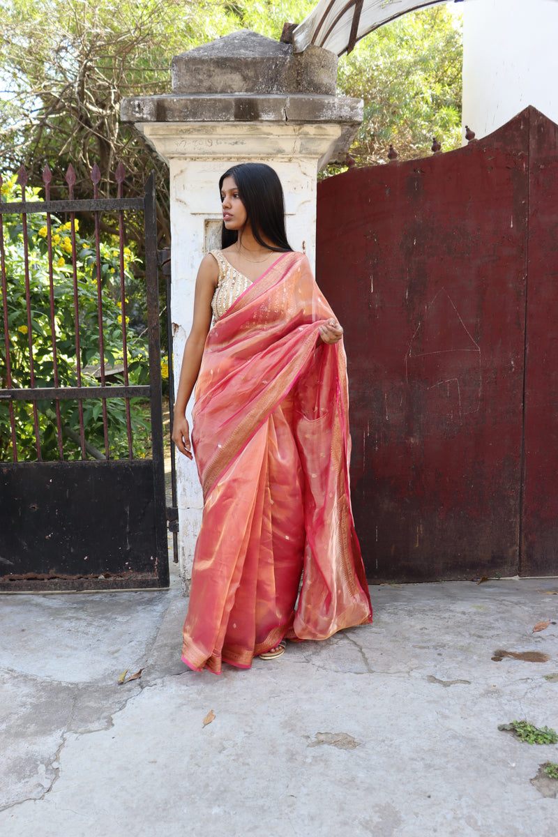 Raspberry tissue organza saree