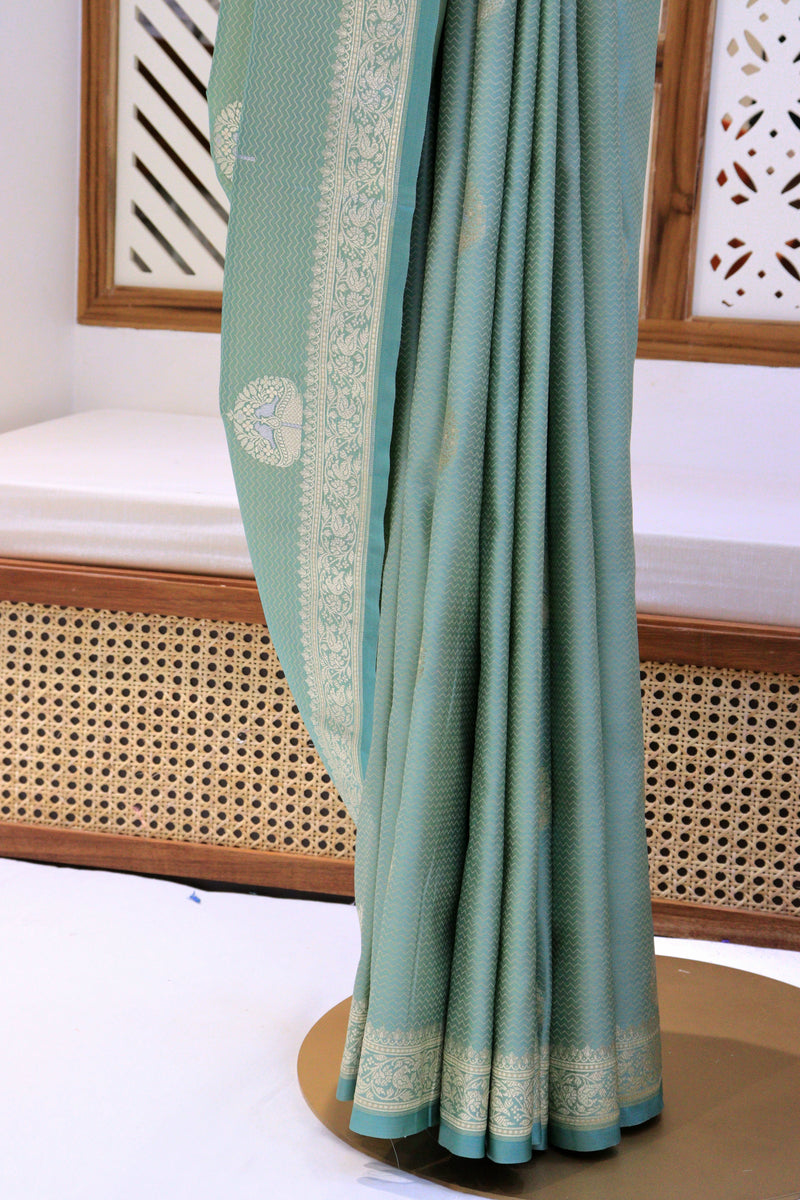 Topaz Green Satin Silk Saree with Resham Work