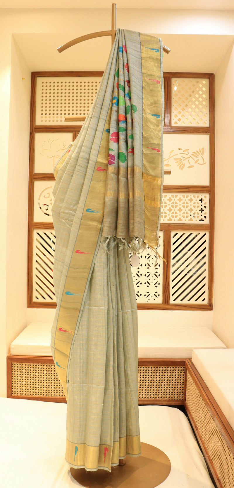 Gray Blue Tussar Silk Saree