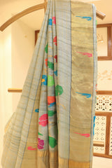 Gray Blue Tussar Silk Saree