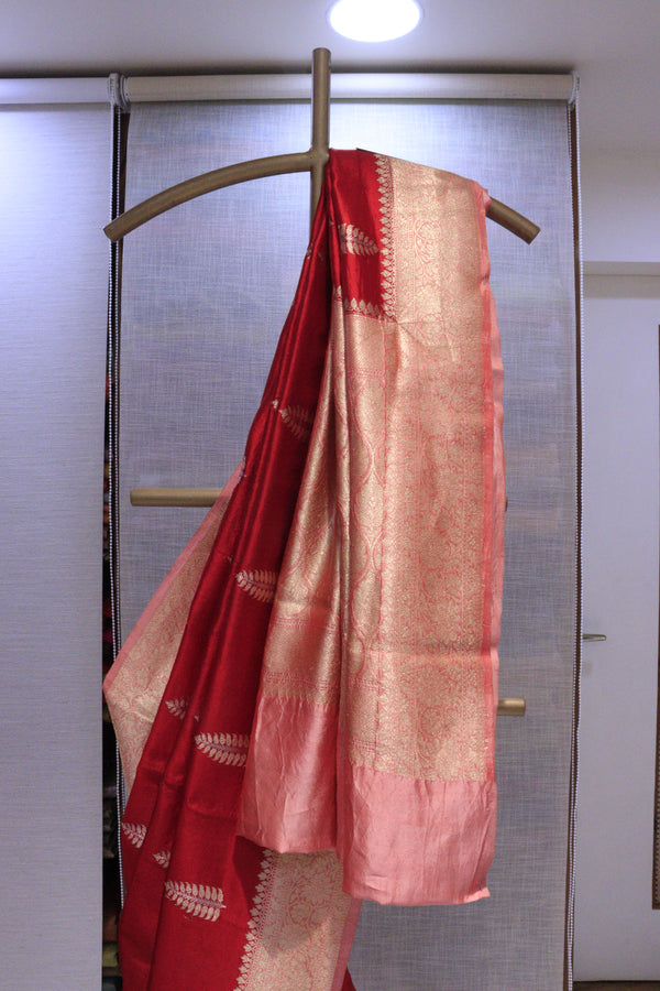Red Katan Silk With Contrasting Border