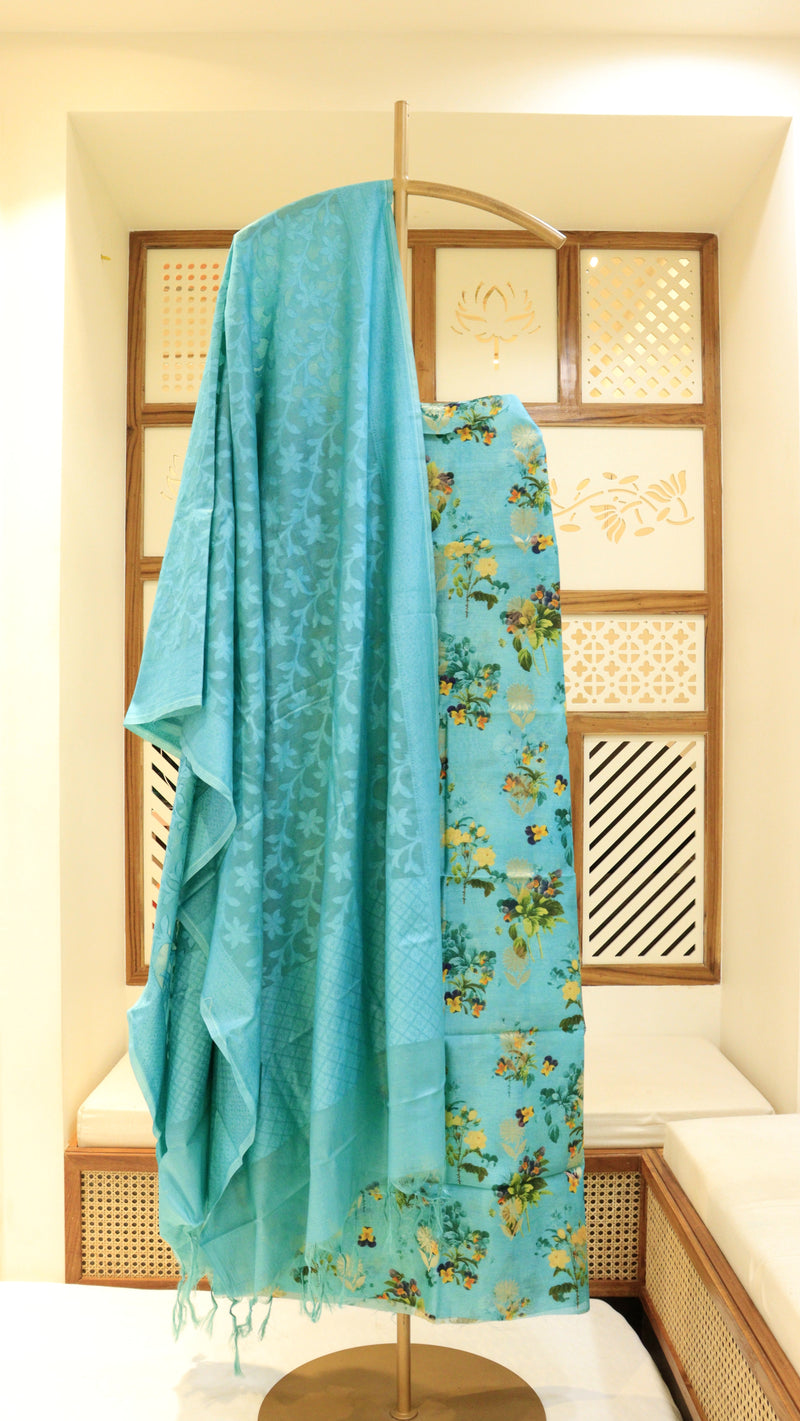 Printed Cotton Chanderi Suit With Zari Motif