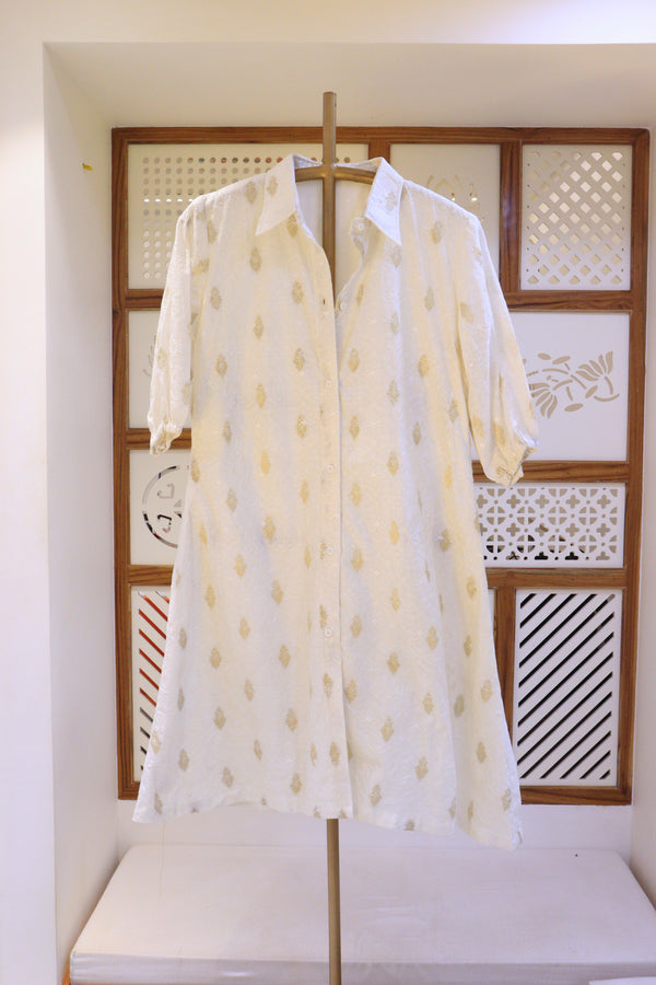Knee Length Off White Dress With Allover Embroidery On Zari Motifs