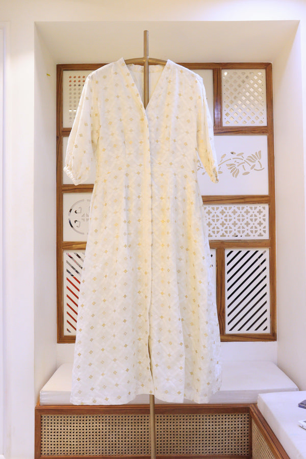 Midi Length Off White Dress With Resham Weaving And Zari Motifs