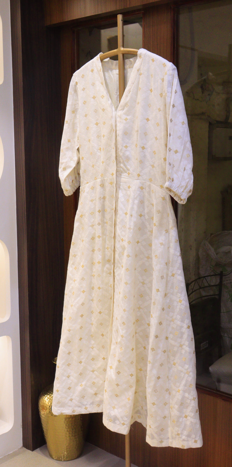 Midi Length Off White Dress With Resham Weaving And Zari Motifs