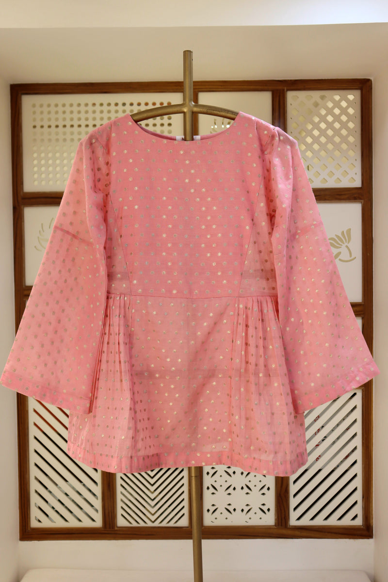 Pink Cotton Chanderi Top With Zari Weaving