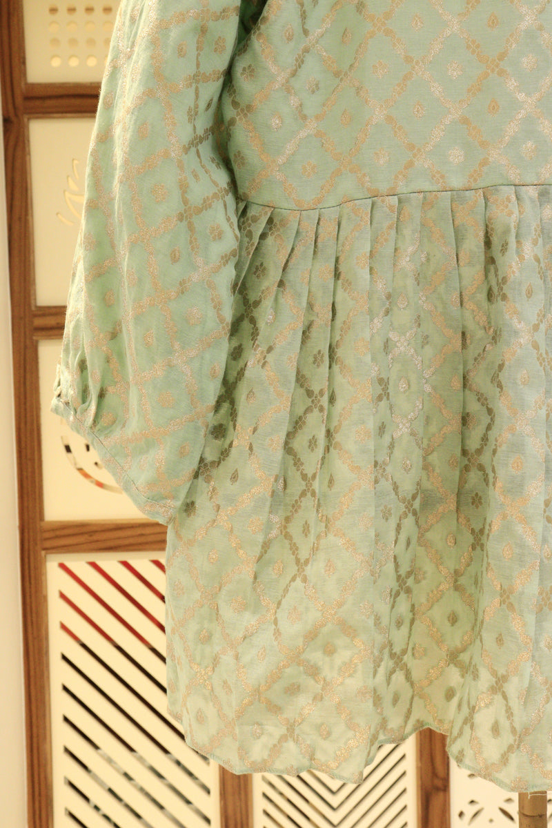 Mint Green Cotton Chanderi Top With Zari Weaving