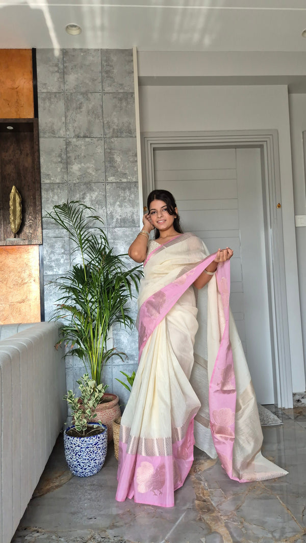 Cream Tissue Kota Saree With Contrast Border