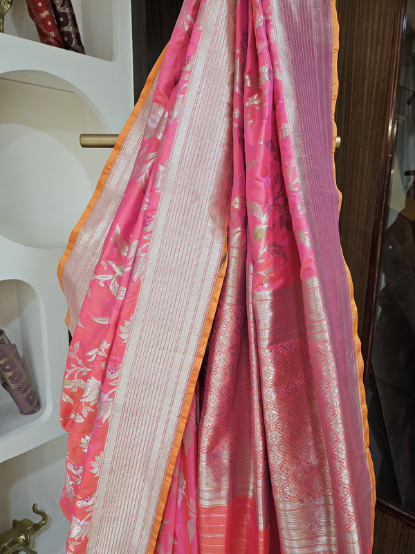 Strawberry Pink Pure Katan Silk Saree