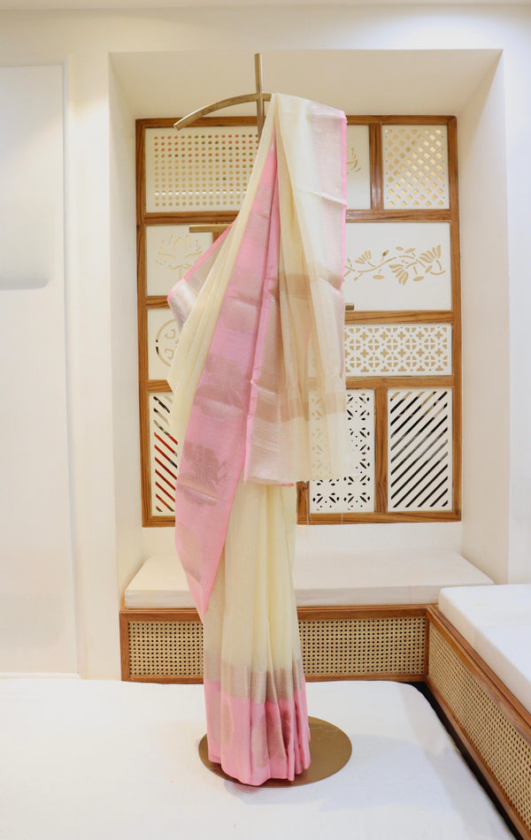 Cream Tissue Kota Saree With Contrast Border