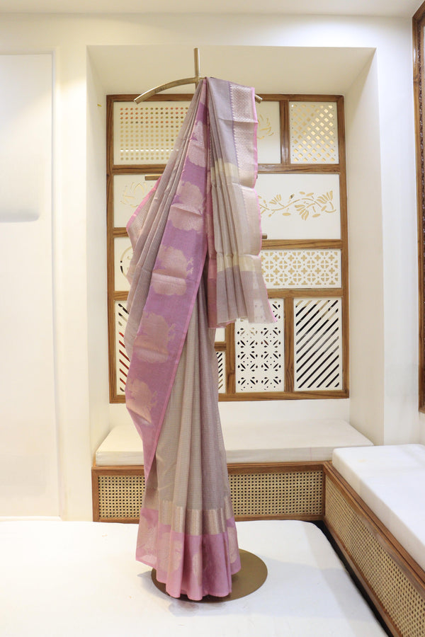 Grey Tissue Kota Saree With Contrast Border