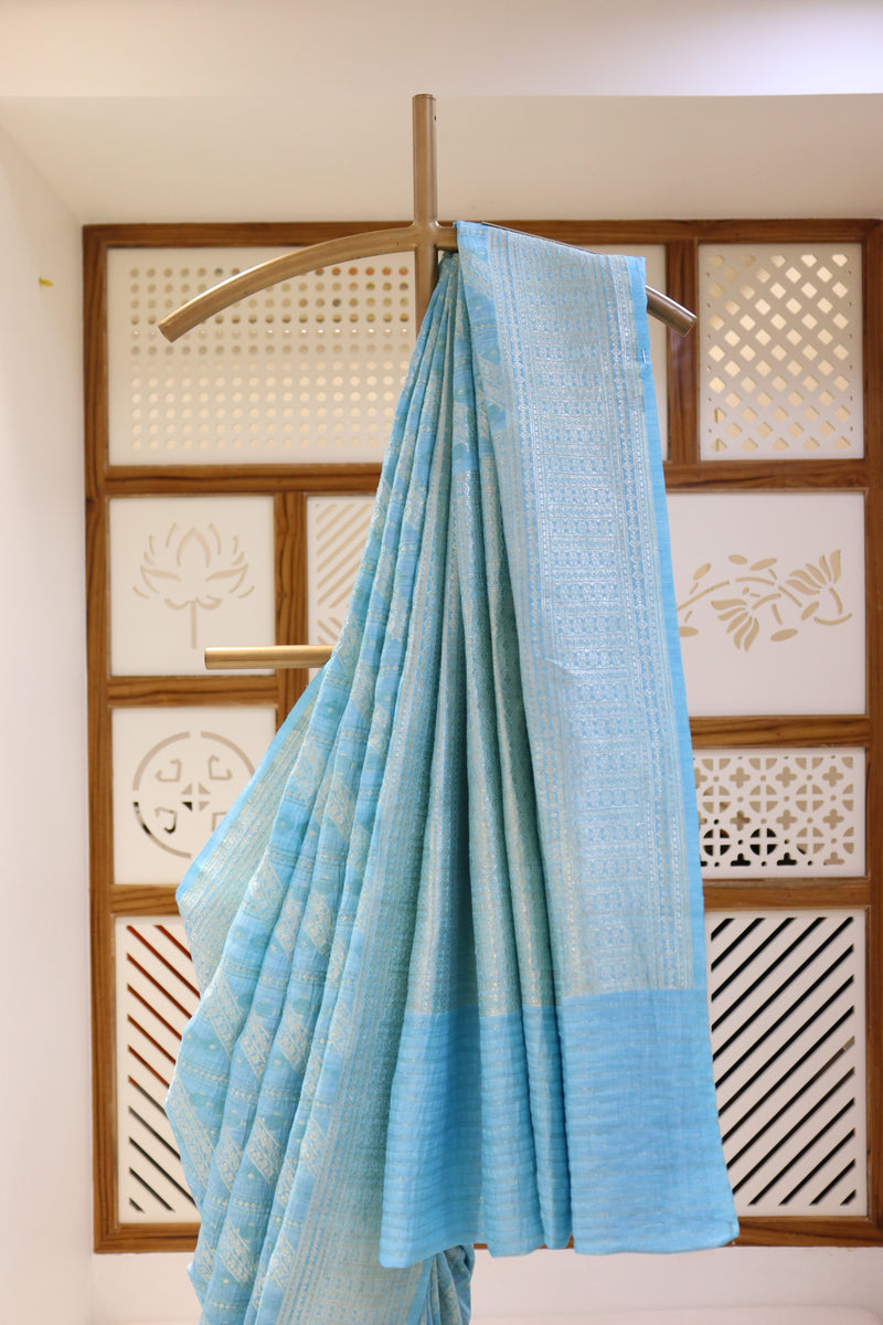 Aqua Blue Linen Tussar Saree