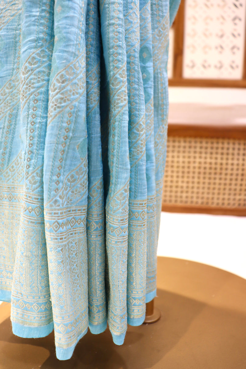 Aqua Blue Linen Tussar Saree