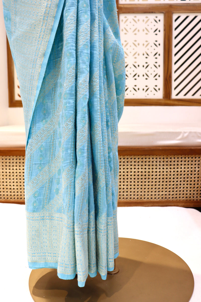 Aqua Blue Linen Tussar Saree