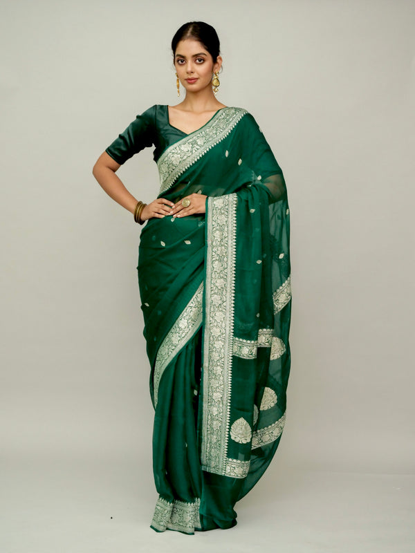 Bottle Green Pure Georgette Saree