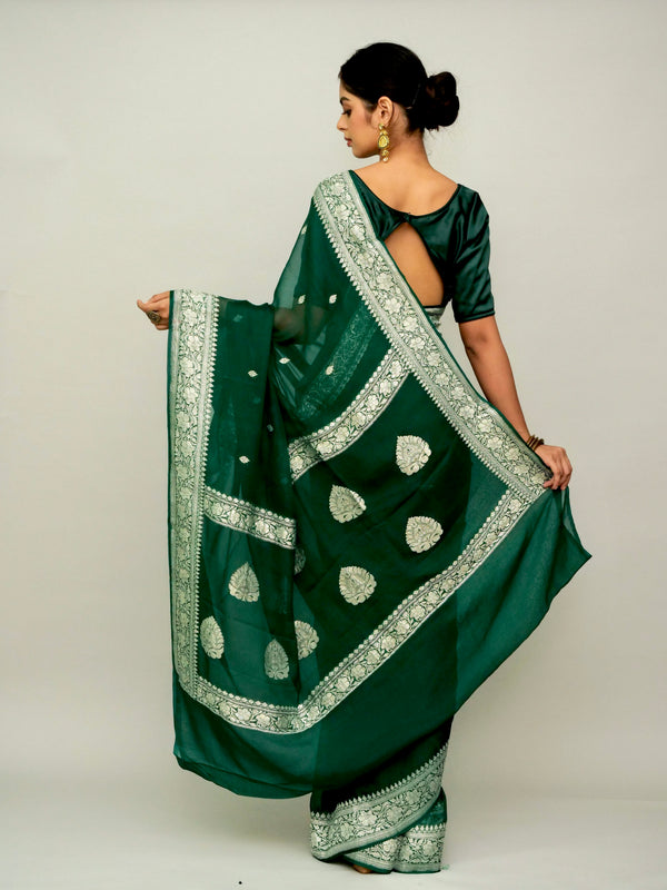 Bottle Green Pure Georgette Saree