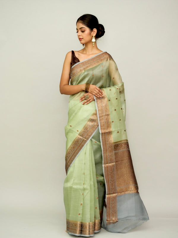 Tea Green Organza Saree with Antique Zari