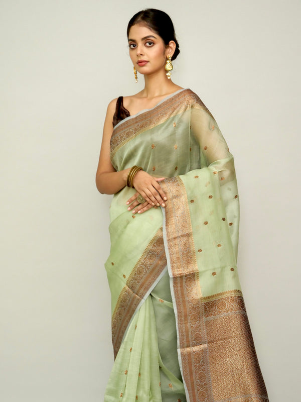 Tea Green Organza Saree with Antique Zari