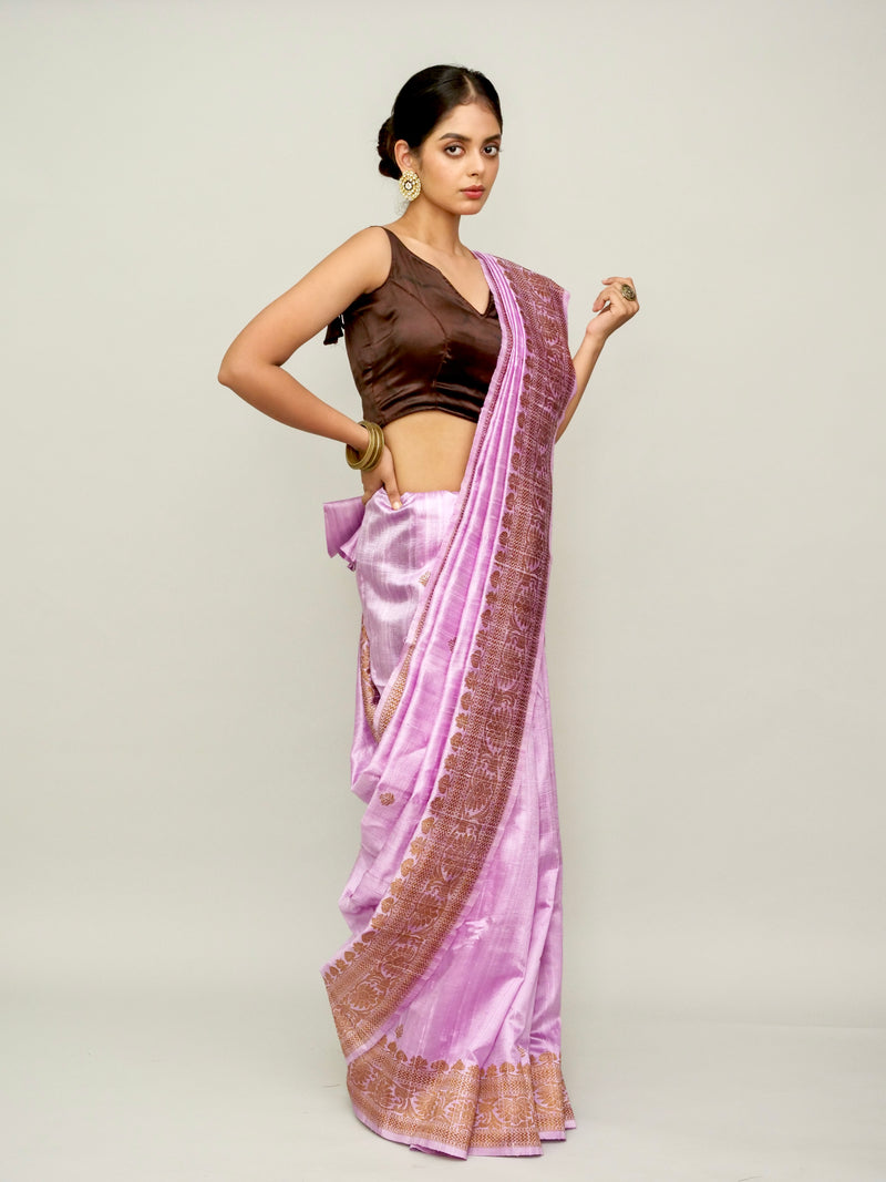 Purple - Pink Raw Silk Saree with Antique Zari