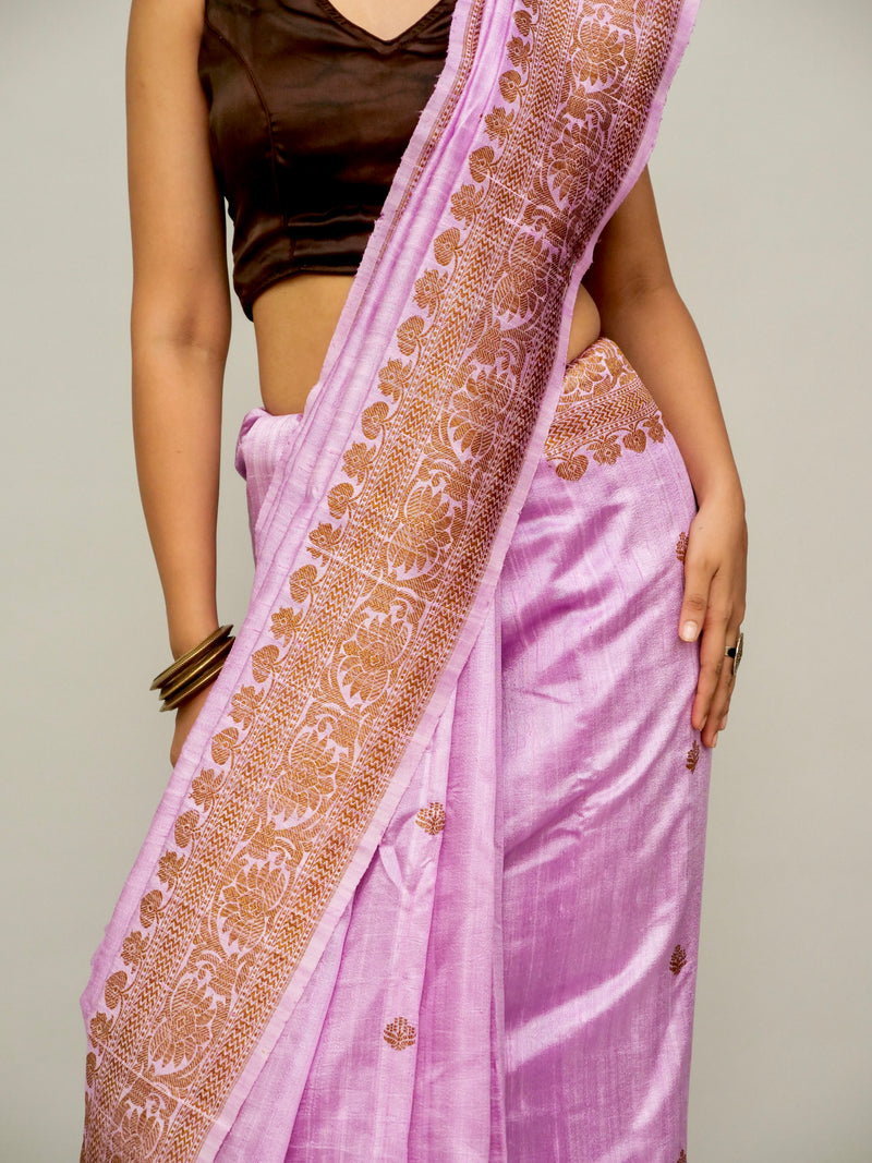 Purple - Pink Raw Silk Saree with Antique Zari