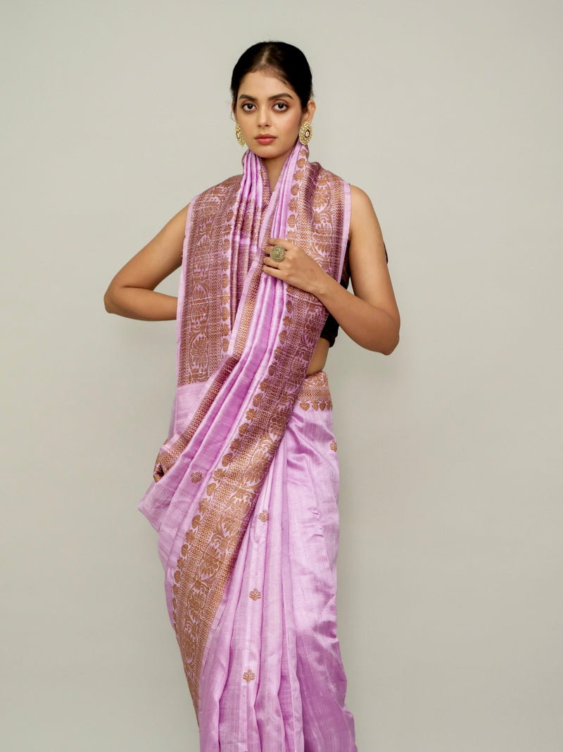 Purple - Pink Raw Silk Saree with Antique Zari