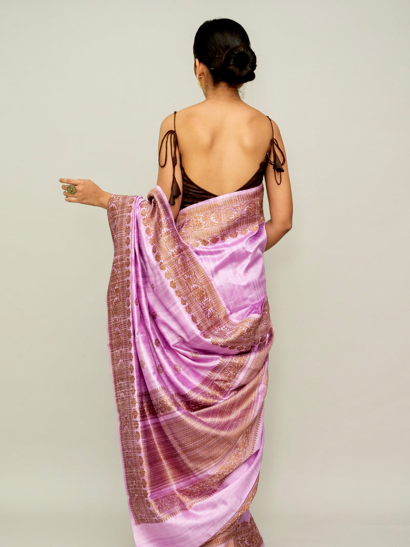 Purple - Pink Raw Silk Saree with Antique Zari