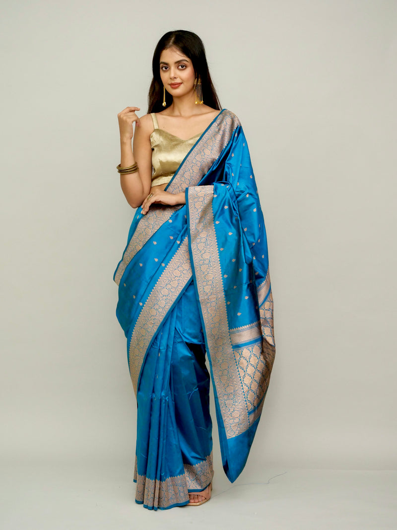 German Blue Katan Silk Saree