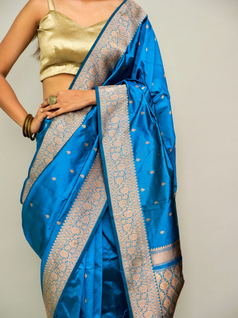 German Blue Katan Silk Saree