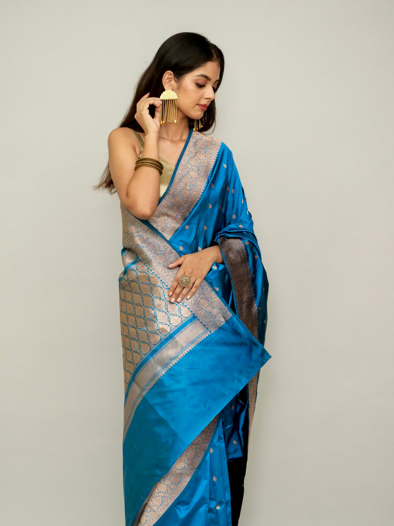 German Blue Katan Silk Saree