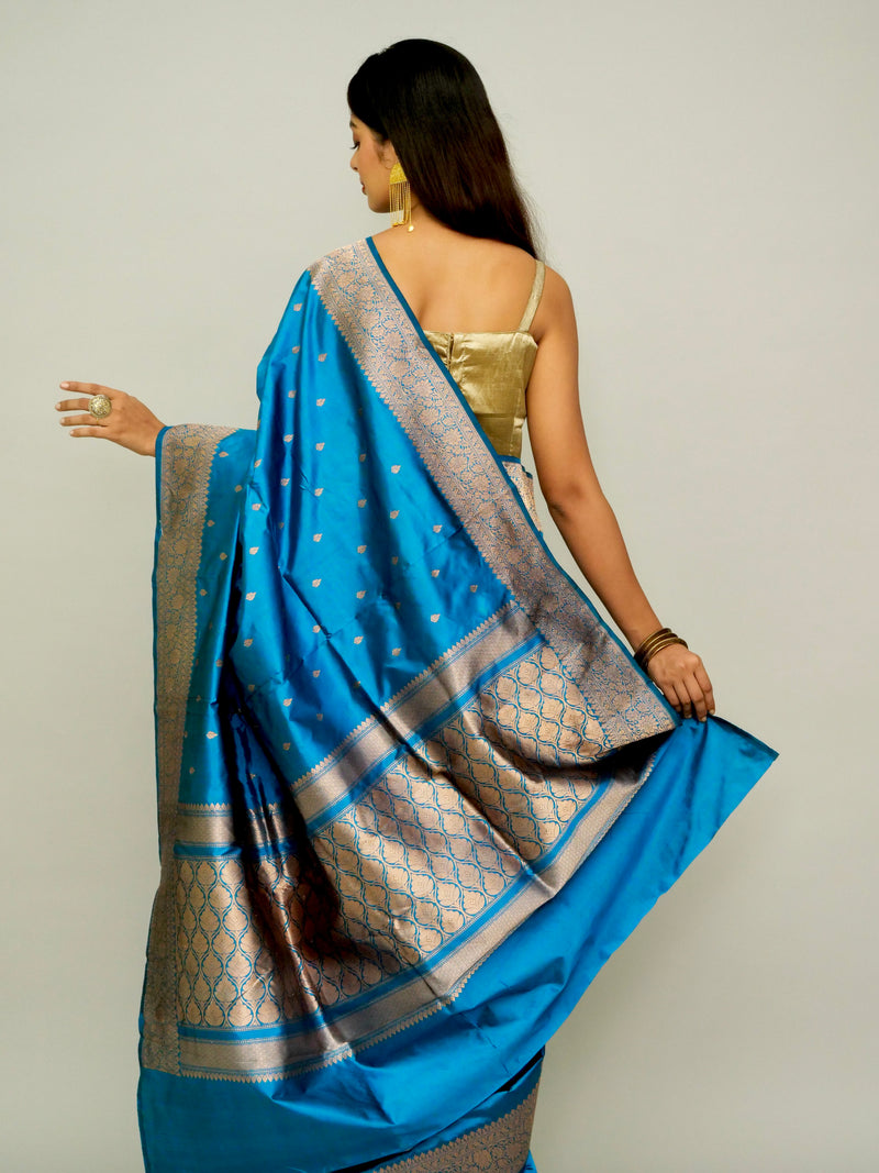 German Blue Katan Silk Saree