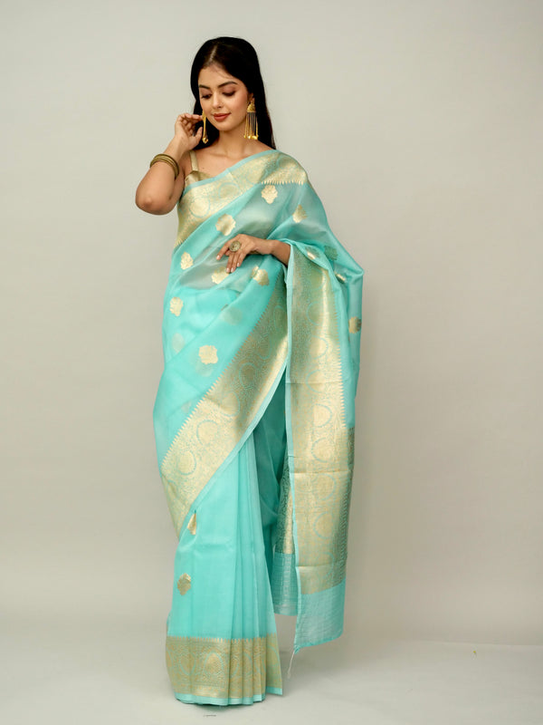 Turquoise Pure Organza Saree