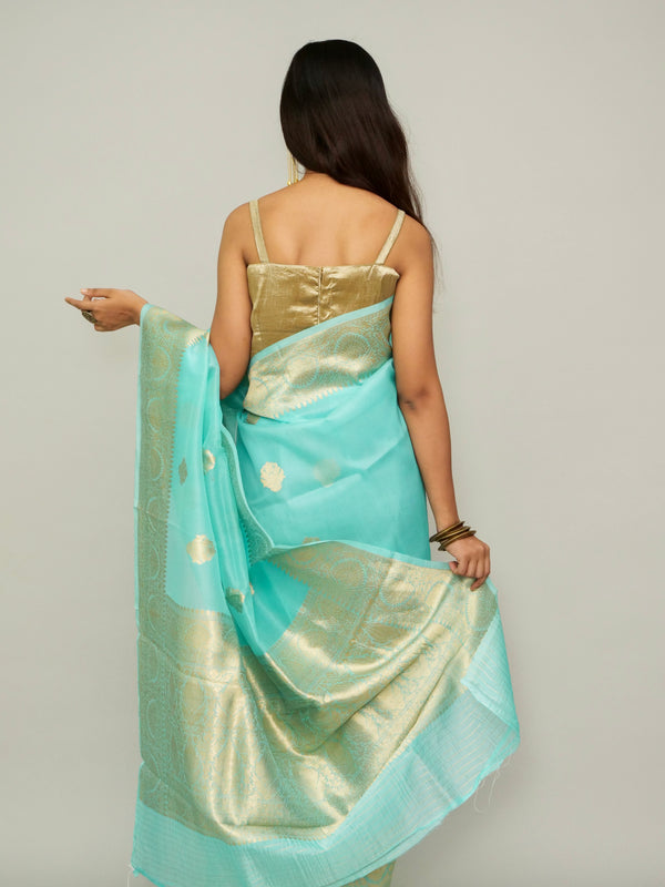 Turquoise Pure Organza Saree