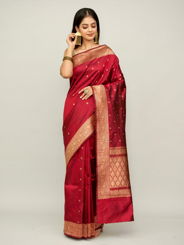 True Red Katan Silk Saree With Antique Zari