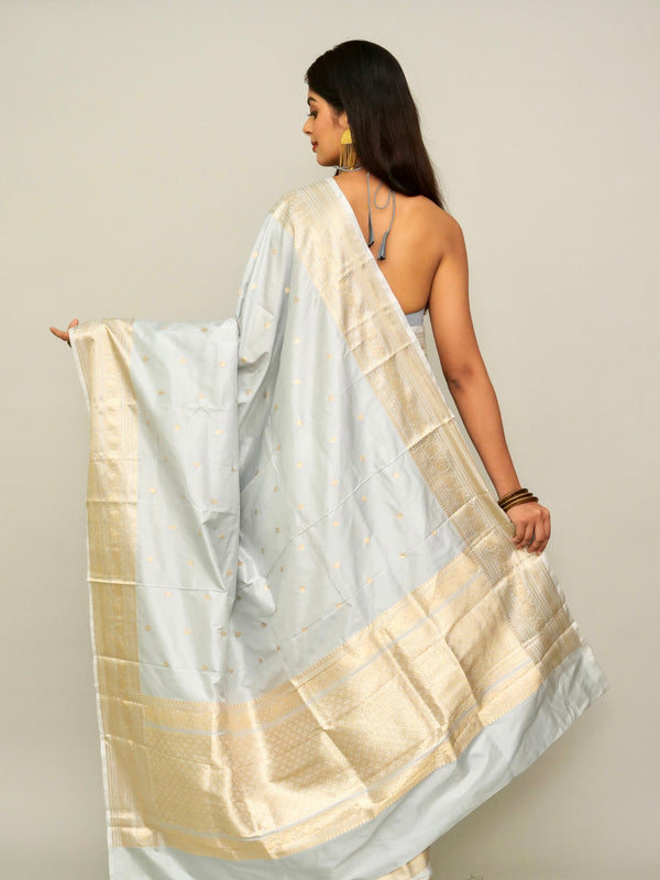 Powder Blue Katan Silk Saree With Antique Zari