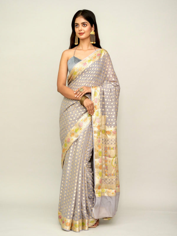 Grey Georgette Saree with Brush Painted Border