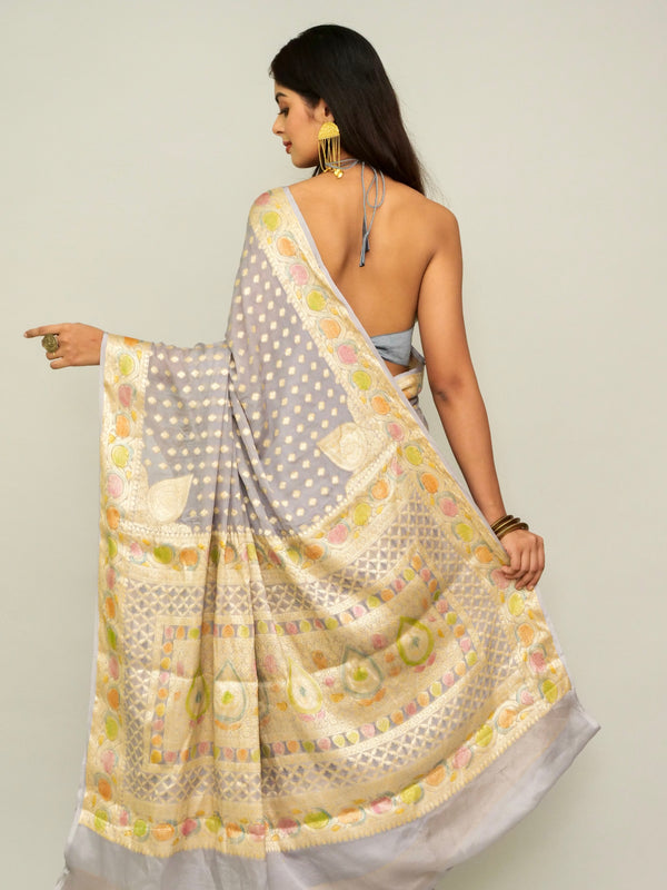 Grey Georgette Saree with Brush Painted Border