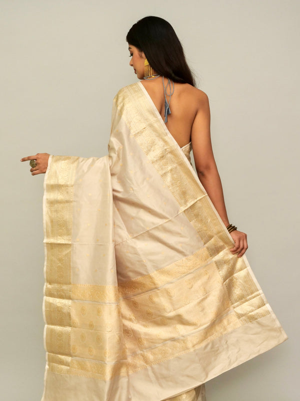 Rose Gold Katan Silk Saree With Antique Zari