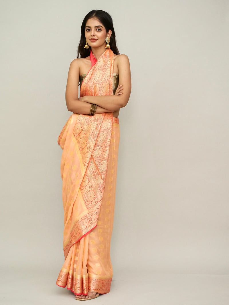 Peach-Pink Khadi Georgette Saree