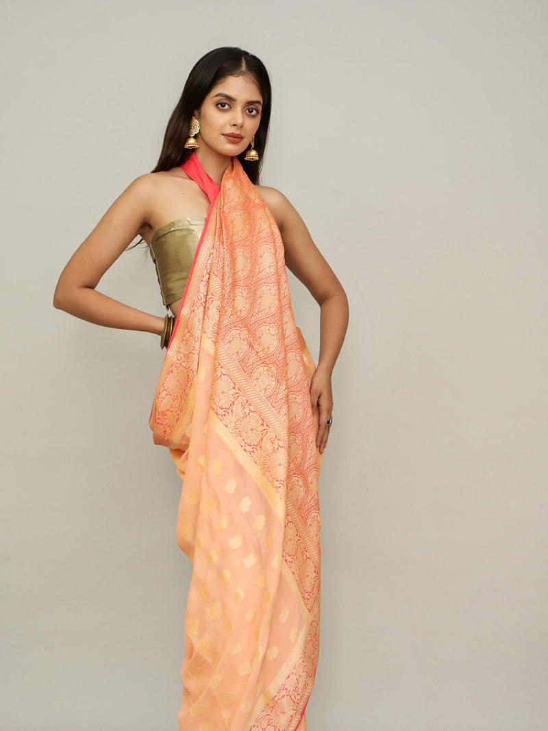 Peach-Pink Khadi Georgette Saree