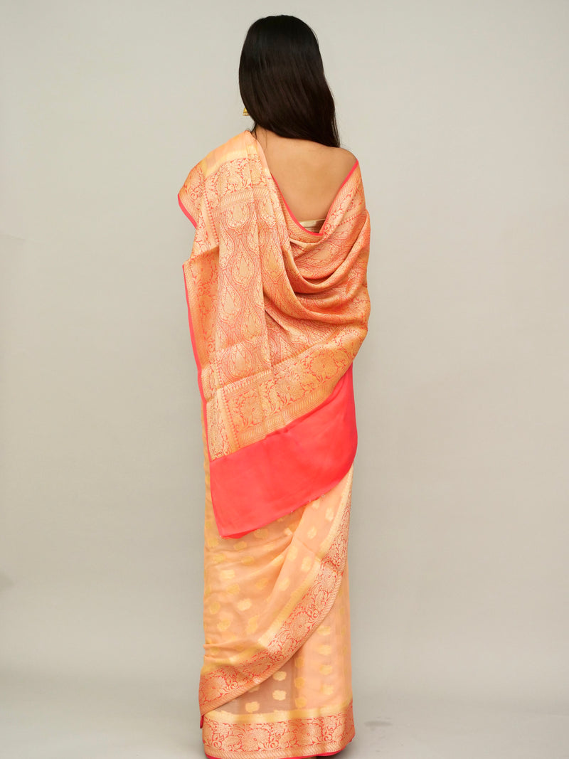 Peach-Pink Khadi Georgette Saree