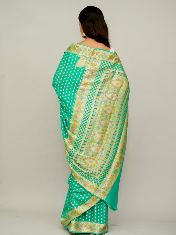 Turquoise Khaddi Georgette Saree with Brush Painted Border