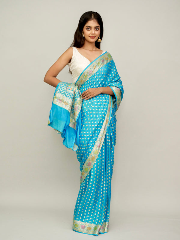 Azure Blue Khaddi Georgette Saree with Brush Painted Border