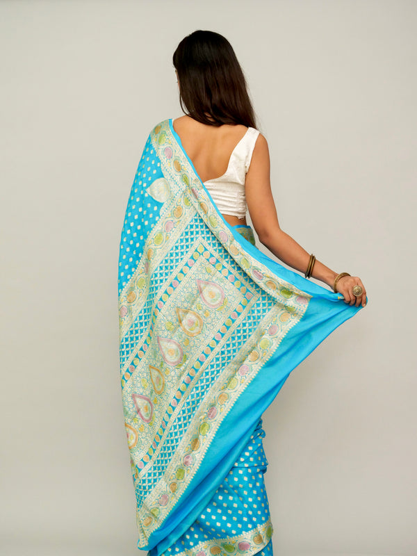 Azure Blue Khaddi Georgette Saree with Brush Painted Border