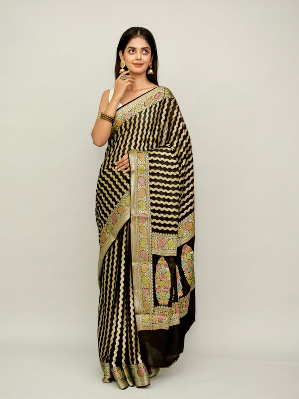 Black Khaddi Georgette Saree with Brush Painted Border