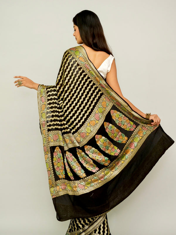 Black Khaddi Georgette Saree with Brush Painted Border