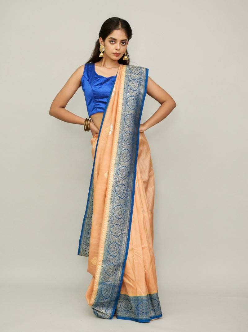 Peach Blue Tussar Georgette Saree with Sonarupa motifs