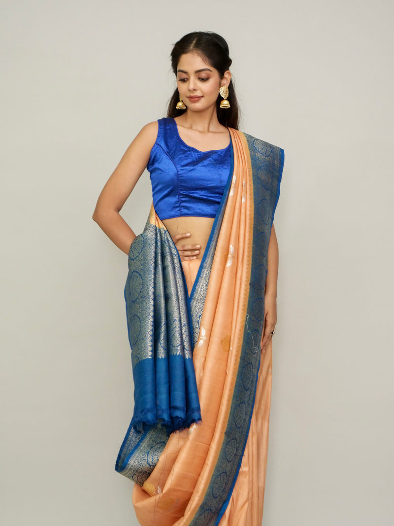 Peach Blue Tussar Georgette Saree with Sonarupa motifs