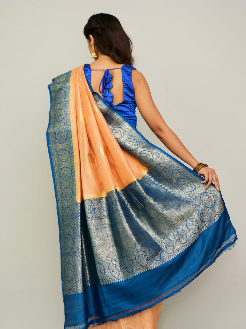 Peach Blue Tussar Georgette Saree with Sonarupa motifs