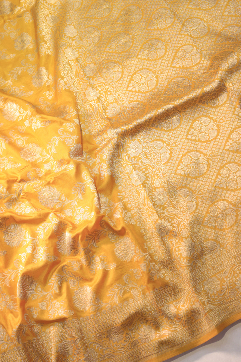 Yellow Katan Silk Saree With Jaal Work